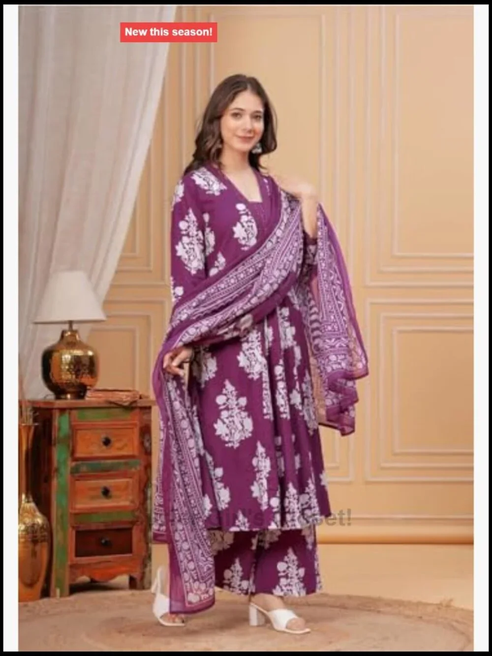 Rayon Anarkali Printed Kurta with Palazzo & Dupatta Set